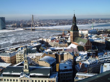 latvia Riga Snow covered roofs